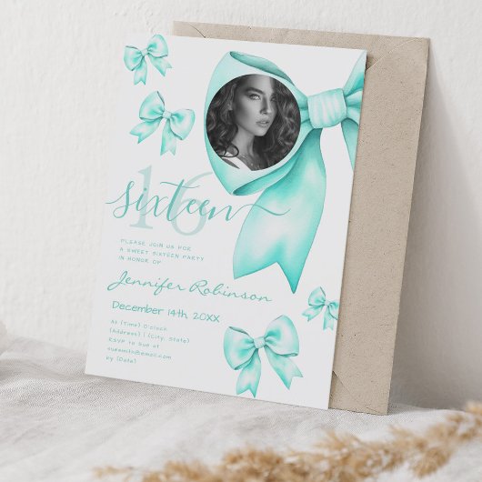 Invitation PHOTO Cute Coquette Turquoise Bow Sweet 16