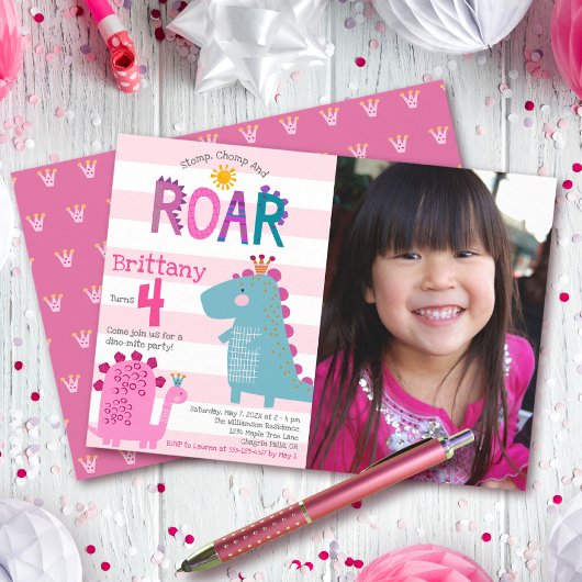 Invitation Photo Cute Dinosaur Stomp Chomp Roar Girl Annivers