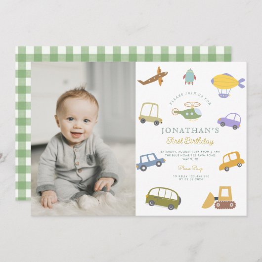 Invitation Photo Cute Pastel Voiture Truck Plane Rocket Anniv