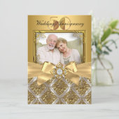 Invitation photo Damask & Bow Or 50e anniversaire (Debout devant)