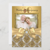 Invitation photo Damask & Bow Or 50e anniversaire (Devant)