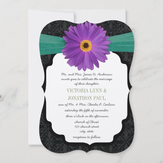 Invitation Photo Damask Lilac Emerald Gerber Daisy Mariage (Dos)