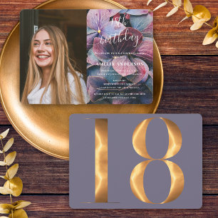 Invitation Photo d'anniversaire 18 ans avec Hortensias Or Pou