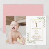 Invitation Photo d'anniversaire 1 an avec verdure pour une fi (Devant / Derrière)