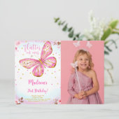 Invitation photo d'anniversaire 1 an papillon aqua (Debout devant)