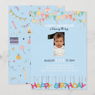 Invitation Photo d'anniversaire 1ère année Bleu clair, Un gra