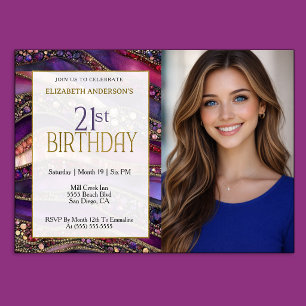 Invitation Photo d'anniversaire 21 ans Strata Bijou Or Violet