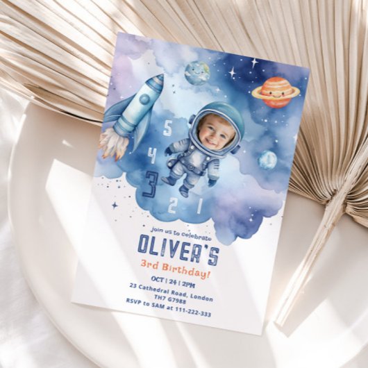 Invitation Photo d'anniversaire 3 ans Astronaute de l'espace 