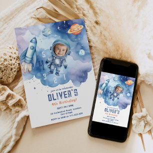 Invitation Photo d'anniversaire 4 ans Astronaute de l'espace