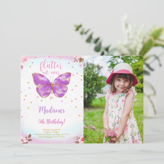 Invitation photo d'anniversaire 5 ans papillon (Debout devant)