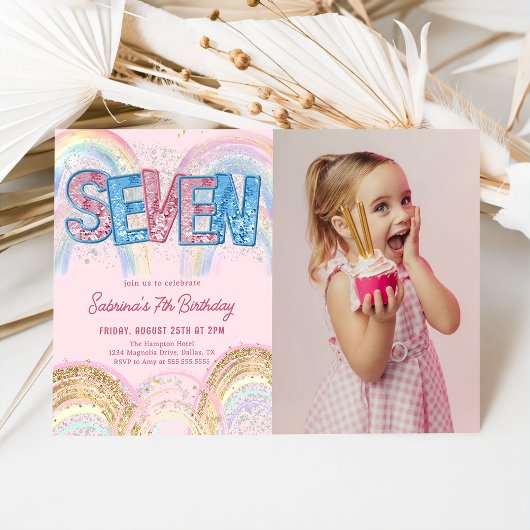 Invitation Photo d'anniversaire 7 ans Glitter Sequin Rainbow