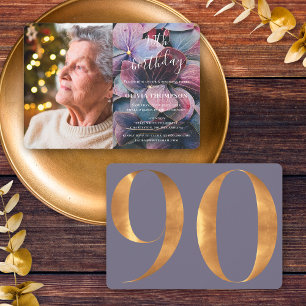 Invitation Photo d'anniversaire 90 ans avec Hortensias Or Pou