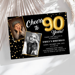 Invitation photo d'anniversaire 90 ans ballons or