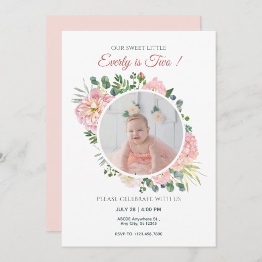 Invitation Photo d'anniversaire à fleurs roses (Devant / Derrière)