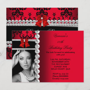 Invitation Photo d'anniversaire au noeud noir en damas rouge