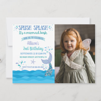 Invitation Photo d'anniversaire Blue Mermaid Splash Bash