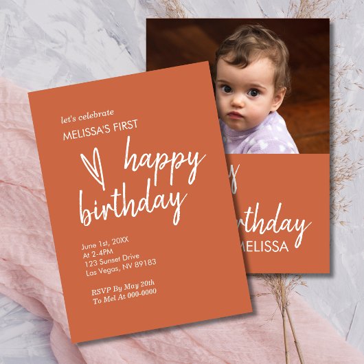 Invitation Photo d'anniversaire Boho Heart Terracotta