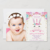 Invitation photo d'anniversaire Bunny rose et or 1 (Devant)