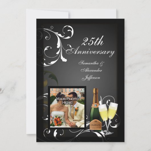 Invitation Photo d'anniversaire Champagne Noir et Blanc Argen (Devant)