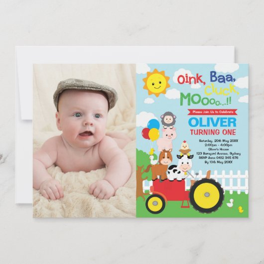 Invitation Photo d'anniversaire d'animaux de ferme de coup de (Devant)