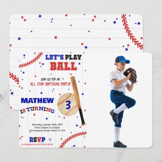 Invitation photo d'anniversaire de baseball (Devant / Derrière)