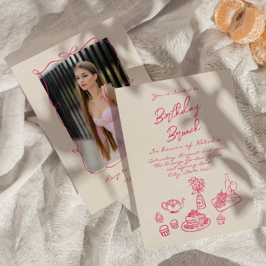 Invitation Photo d'anniversaire de Brunch rose manuscrit