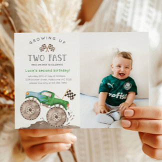 Invitation Photo d'anniversaire de camion monstre vert Two Fa