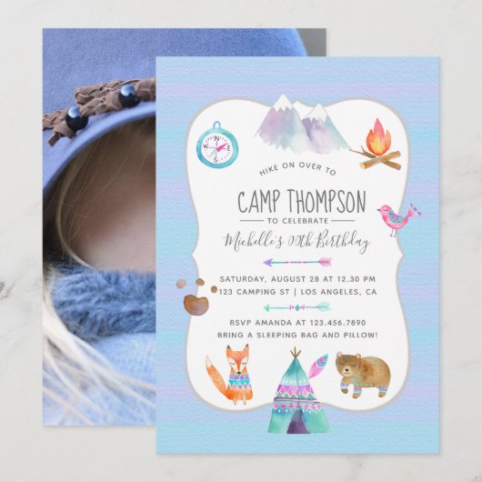 Invitation photo d'anniversaire de camping à l'aqu (Devant / Derrière)