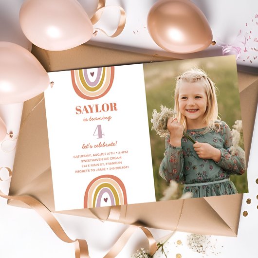 Invitation Photo d'Anniversaire de Cute Boho Rainbow Peach