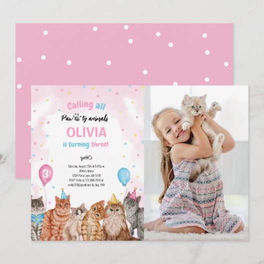 Invitation Photo d'anniversaire de fille avec des animaux de  (Devant / Derrière)