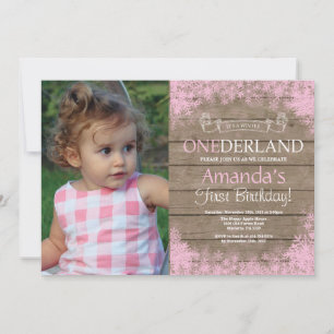 Invitation Photo d'anniversaire de fille rustique Winter Oned