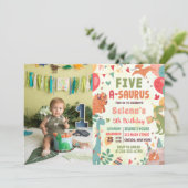 Invitation Photo d'anniversaire de Five-A-Saurus 5 ans de din (Debout devant)