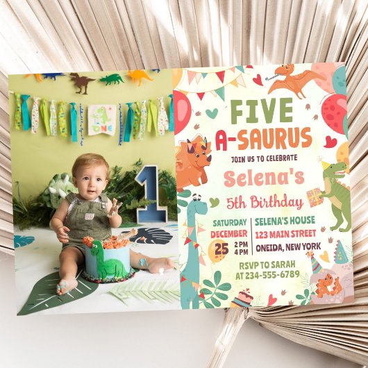 Invitation Photo d'anniversaire de Five-A-Saurus 5 ans de din