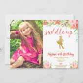Invitation Photo d'anniversaire de la cowboy fleurie rose et  (Devant)