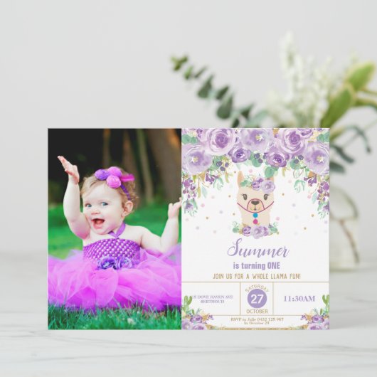 Invitation Photo d'anniversaire de la fille de Cute Llama, fl (Debout devant)