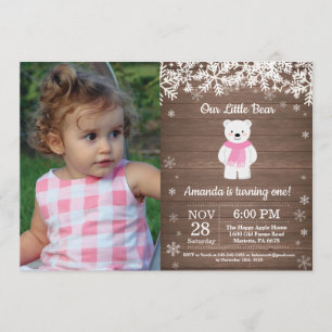 Invitation Photo d'anniversaire de la fille d'hiver de l'ours