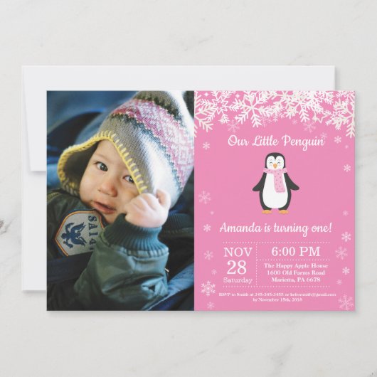Invitation Photo d'anniversaire de la fille d'hiver de Pengui (Devant)