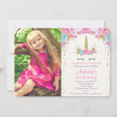 Invitation photo d'anniversaire de la licorne rose et or (Devant)