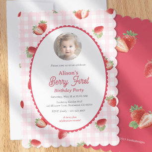 Invitation Photo d'anniversaire de la première fille Strawber