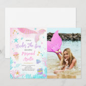 Invitation Photo d'anniversaire de la sirène rose magique (Devant / Derrière)