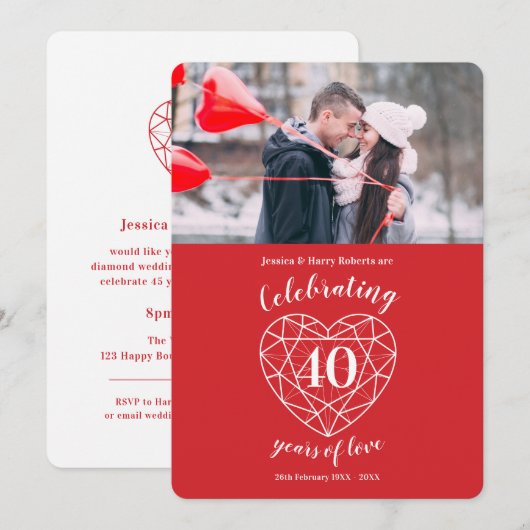 Invitation Photo d'anniversaire de mariage de 40 ans Rubis (Devant / Derrière)