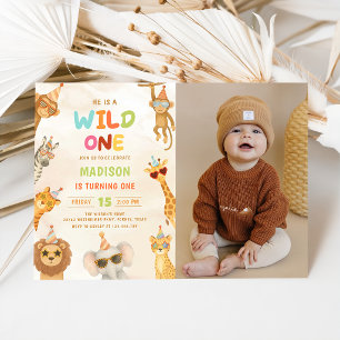 Invitation Photo d'anniversaire de Safari Animaux Sauvages 1e