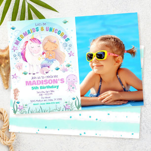 Invitation Photo d'anniversaire de sirène et de licorne sous
