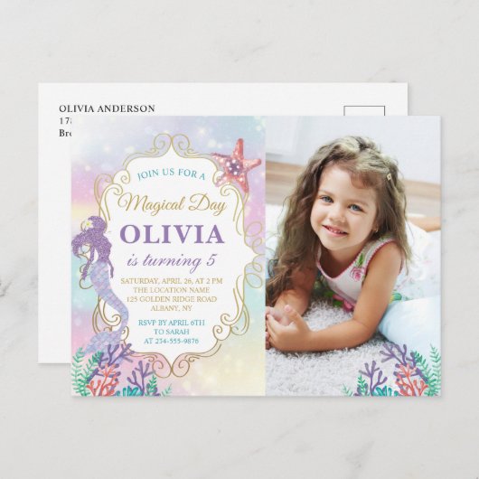 Invitation photo d'anniversaire de sirène sous la  (Devant / Derrière)