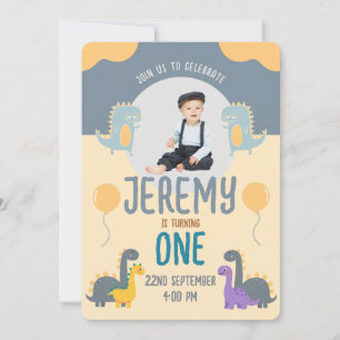 Invitation Photo d'anniversaire d'un dinosaure bleu jaune pou