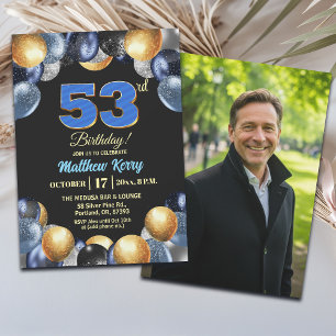 Invitation Photo d'anniversaire élégant bleu argent or 53 ans