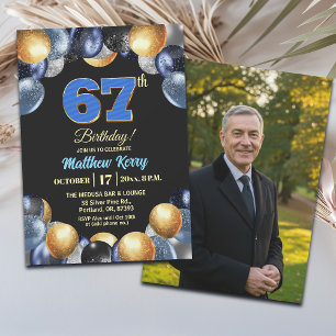 Invitation Photo d'anniversaire élégant bleu argent or 67 ans