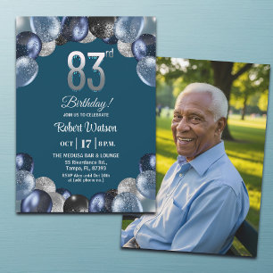Invitation Photo d'anniversaire élégant bleu argenté 83 ans