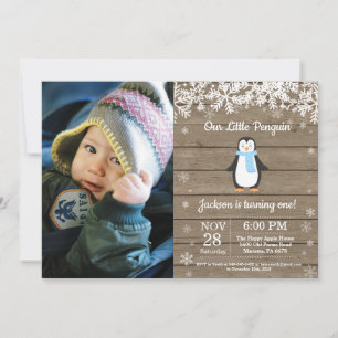 Invitation Photo d'anniversaire garçon hiver Manchot Rustique