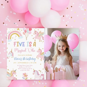 Invitation Photo d'anniversaire licorne Five Is A Magical Vib